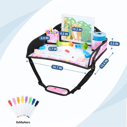 COOLBEBE Kids Travel Tray for Toddler Car Seat, Travel Tray for Airplane, Toddler Car Seat Lap Tray, Carseat Table Tray for Kids Travel Activities (Pink Unicorn -2PCS)