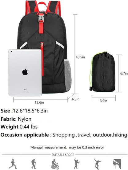 25L Hiking Backpack Foldable Sports Daypack Camping Collapsible Bag Water Repellent Lightweight Travel Men Women (Black)