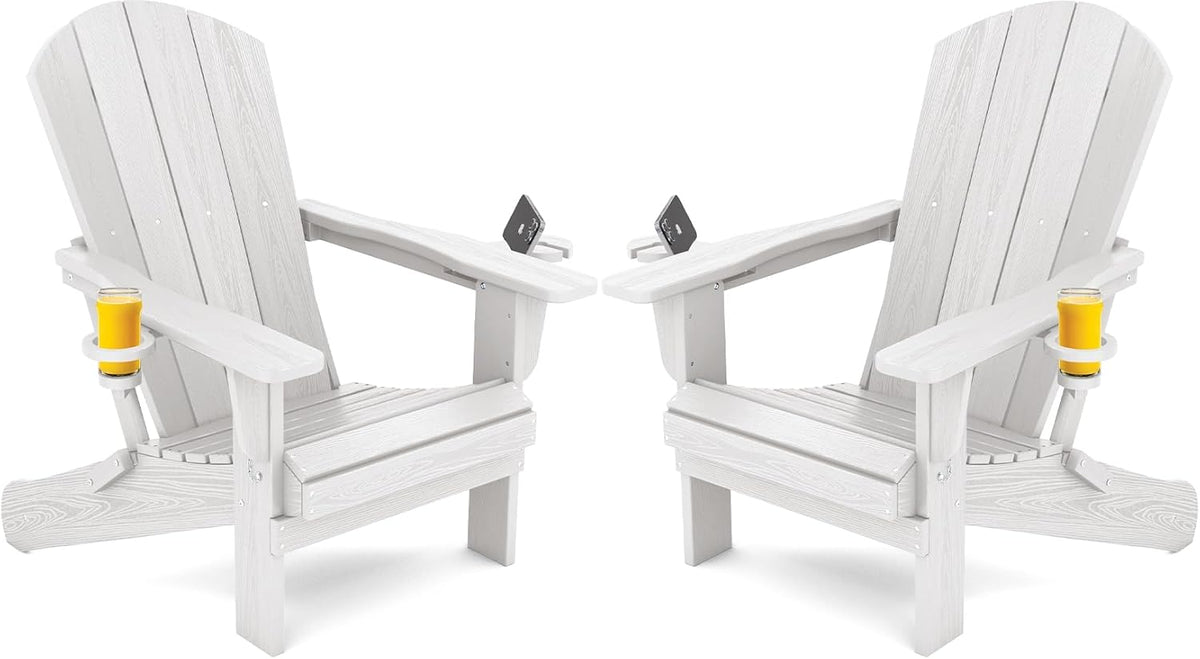 SERWALL Adirondack Chair with Cup Holders - Composite Adirondack Chairs Set of 2 HDPE Outdoor Chairs All Weather Use- White