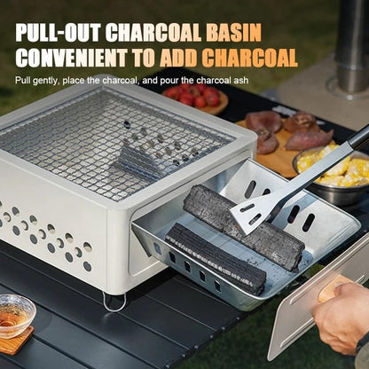 Portable Charcoal BBQ Grill Stove – Smokeless Outdoor Cooking for Camping & Tailgating, Yakitori Grill, Skewers, Easy Drawer Style, Pan and Grill Included Black (Black)