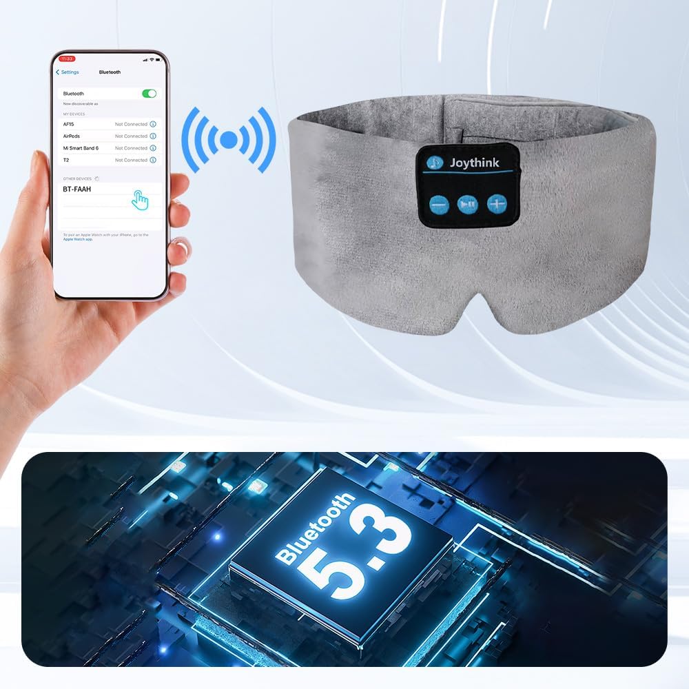 Joythink Sleep Headphones Wireless Eye Mask Kids Children Silk Wireless Headband Headphones for Sleeping with Adjustable Speaker Wireless Earbuds Side Sleeper Travel Meditation Music Mask Grey