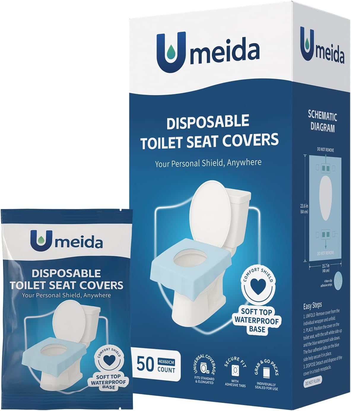 50 Count Disposable Toilet Seat Covers with Secure Adhesive Tabs for a Non-Slip Fit - XL Extra Large, Waterproof, Individually Wrapped for Travel, Kids, Adults, and Public Restrooms