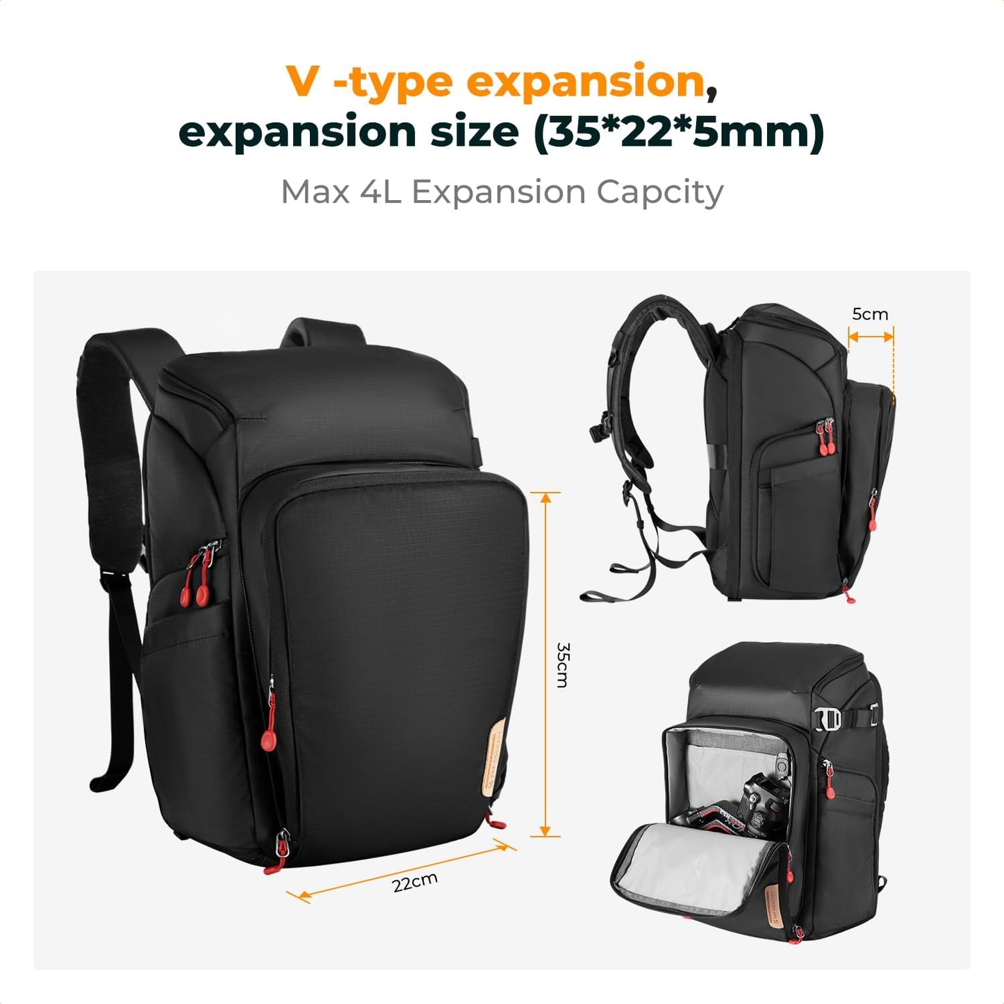 K&F CONCEPT Camera bags Waterproof 25L Large Capacity Camera Case with Raincover Camera Case 15.6 Inch Laptop Compartment Compatible with Canon/Nikon/Sony/DJI Mavic Drone Travel Camera Backpack