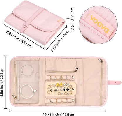 Voova Travel Jewelry Holder Organizer Case, Large Jewelry Storage Bag for Women Girls, Foldable Traveling Jewellery Pouch Roll for Necklaces Rings Earrings Bracelets, Light Pink