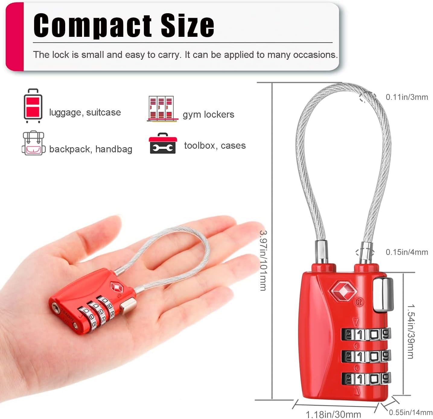 ZHEGE TSA Locks for Luggage 3 Digit Cable Padlock with Alloy Body for Suitcase, Baggage, Backpack, Pistol Case (2 Pack, Red)