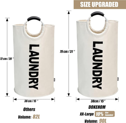 DOKEHOM 90L Large Laundry Basket, Collapsible Laundry Bag, Freestanding Tall Clothes Hamper, Foldable Washing Bin (Beige)