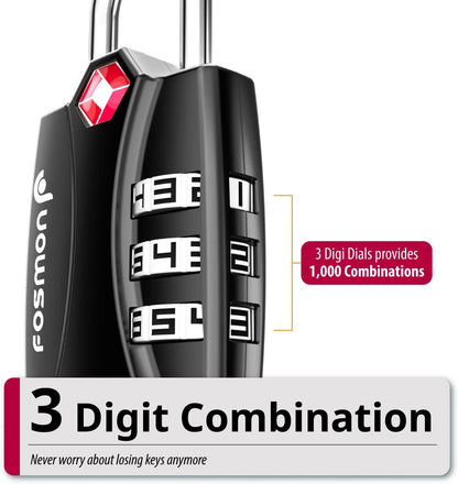 Fosmon Luggage Locks TSA Approved 6 Pack, Suitcase Locks with Open Alert Indicator, 3 Digit Combination Padlock with Alloy Body for Travel, Backpack Zipper Anti Theft, Locker, Gym, Gun Case- Black