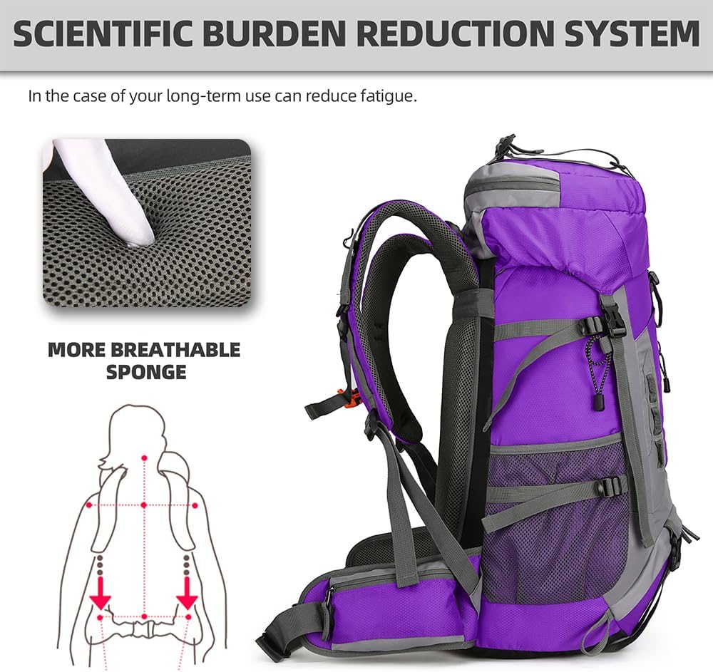 King'sGuard 60L Hiking Backpack Lightweight Camping Backpack with Rain Cover Large Waterproof Packable Outdoor Trekking Travel Backpack for Men Women (Purple)