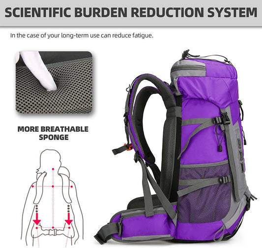 King'sGuard 60L Hiking Backpack Lightweight Camping Backpack with Rain Cover Large Waterproof Packable Outdoor Trekking Travel Backpack for Men Women (Purple)