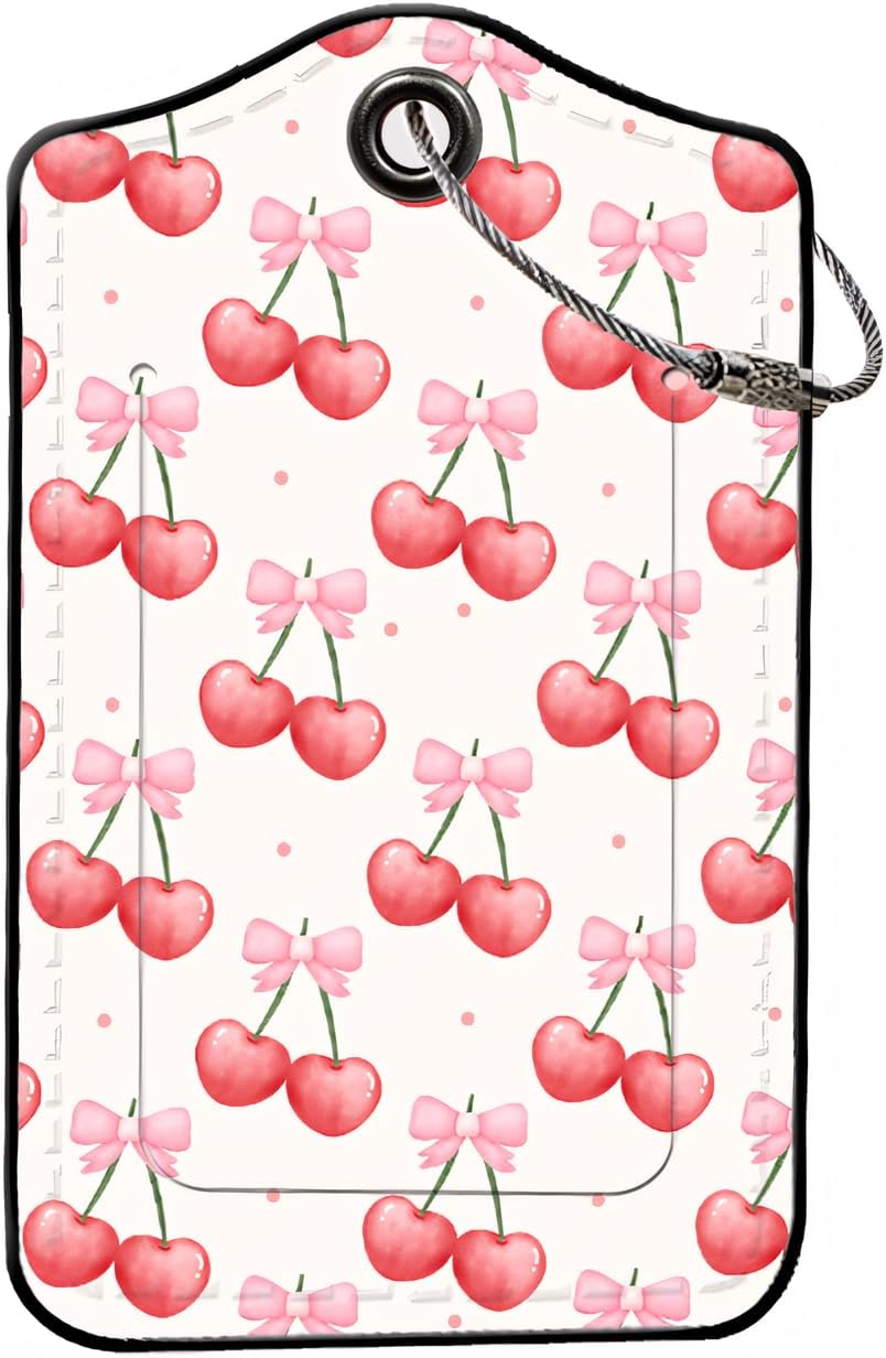 Luggage Tags for Suitcases, 2-Pack PU Leather for Cruise & Travel, Baggage ID Tags with Privacy Cover & Address Card, Durable Metal Ring, Kids Adults Travel Accessories, Sweet Bow Cherries