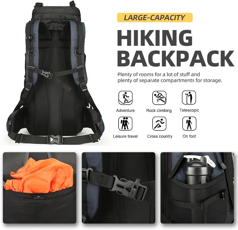 King'sGuard 60L Hiking Backpack Large Waterproof Camping Backpack for Men and Women Lightweight Frameless Backpacking Backpack with Rain Cover (Navy Blue)