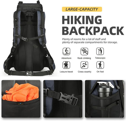 King'sGuard 60L Hiking Backpack Large Waterproof Camping Backpack for Men and Women Lightweight Frameless Backpacking Backpack with Rain Cover (Navy Blue)