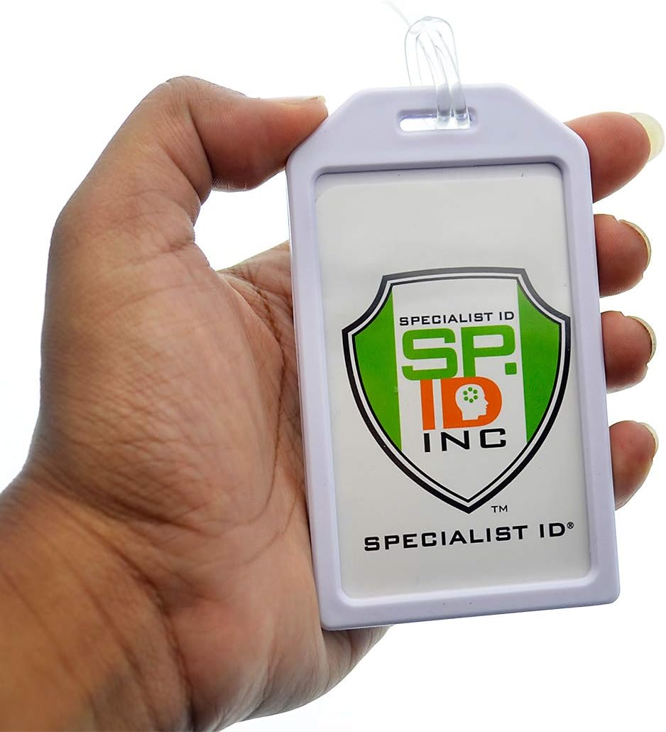 5 Pack - Premium Rigid Airline Luggage Tag Holders with 6" Worm Loops - Heavy Duty Hard Plastic -Suitcase ID Tag Identifiers with Business Card Insert Window by Specialist ID (White)