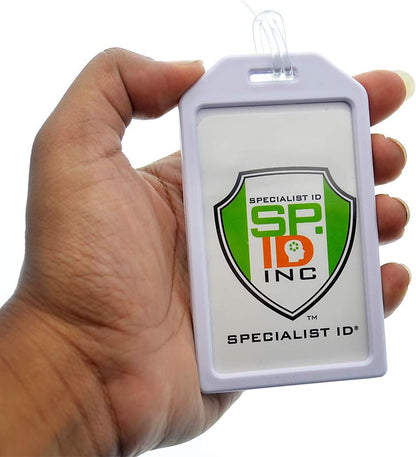 5 Pack - Premium Rigid Airline Luggage Tag Holders with 6" Worm Loops - Heavy Duty Hard Plastic -Suitcase ID Tag Identifiers with Business Card Insert Window by Specialist ID (White)