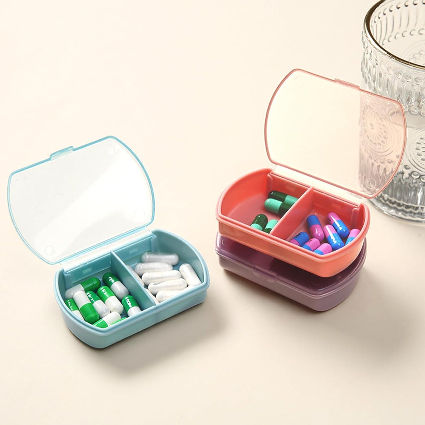 4PCS Small Pill Case Travel Pill Box Cute Pill Organizer for Purse Portable Daily Medicine Organizer 2 Compartment Pill Holder for Vitamins, Fish Oil, Supplements