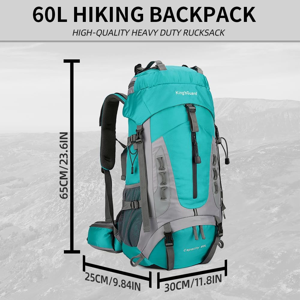 King'sGuard 60L Hiking Backpack Large Waterproof Camping Backpack for Men and Women Lightweight Frameless Backpacking Backpack with Rain Cover (Lake Blue)