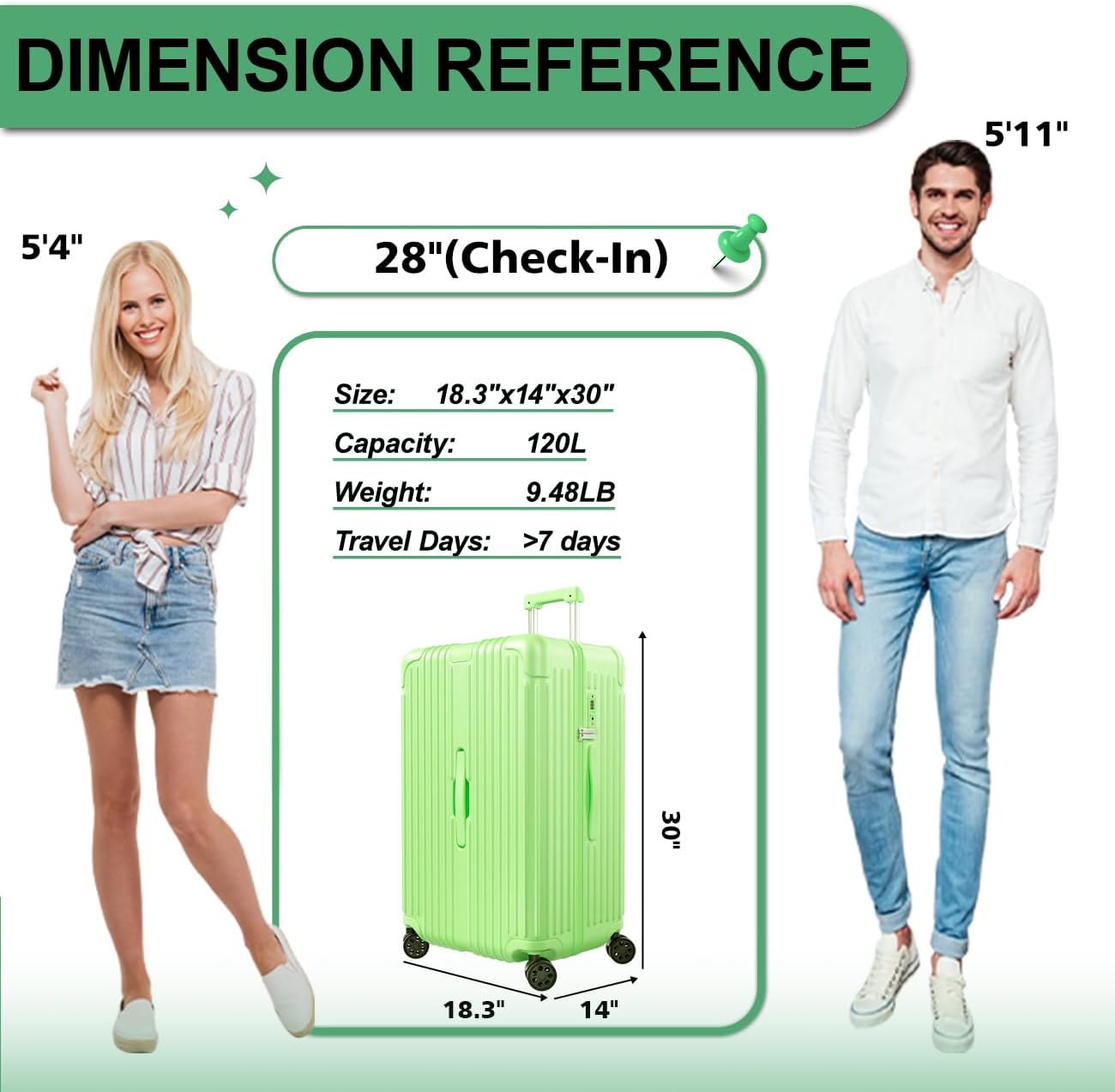 Krute Luggage 28 Inch Suitcase with 4 Universal Wheels TSA Lock PC+ABS Hardside Checked Luggage (AppleGreen