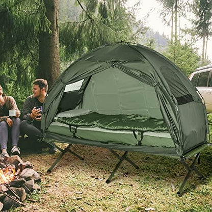 Person Foldable Camping Cot with Tent, Bedspread and Thick Air Mattress, 4-in-1 Elevated Camping Bed Tent for Outdoor Hiking, Picnic, Travel