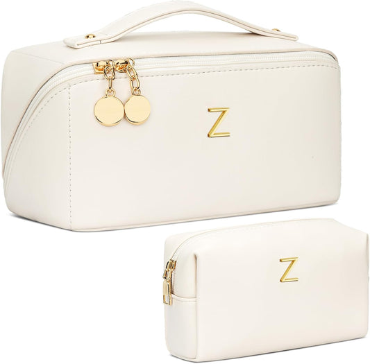 Birthday Gifts for Women Teen Girl, Personalized Initial Makeup Organizer Bag Set, Open Flat Travel Cosmetic Bag With Clear Divider and Handle(Beige,Z)