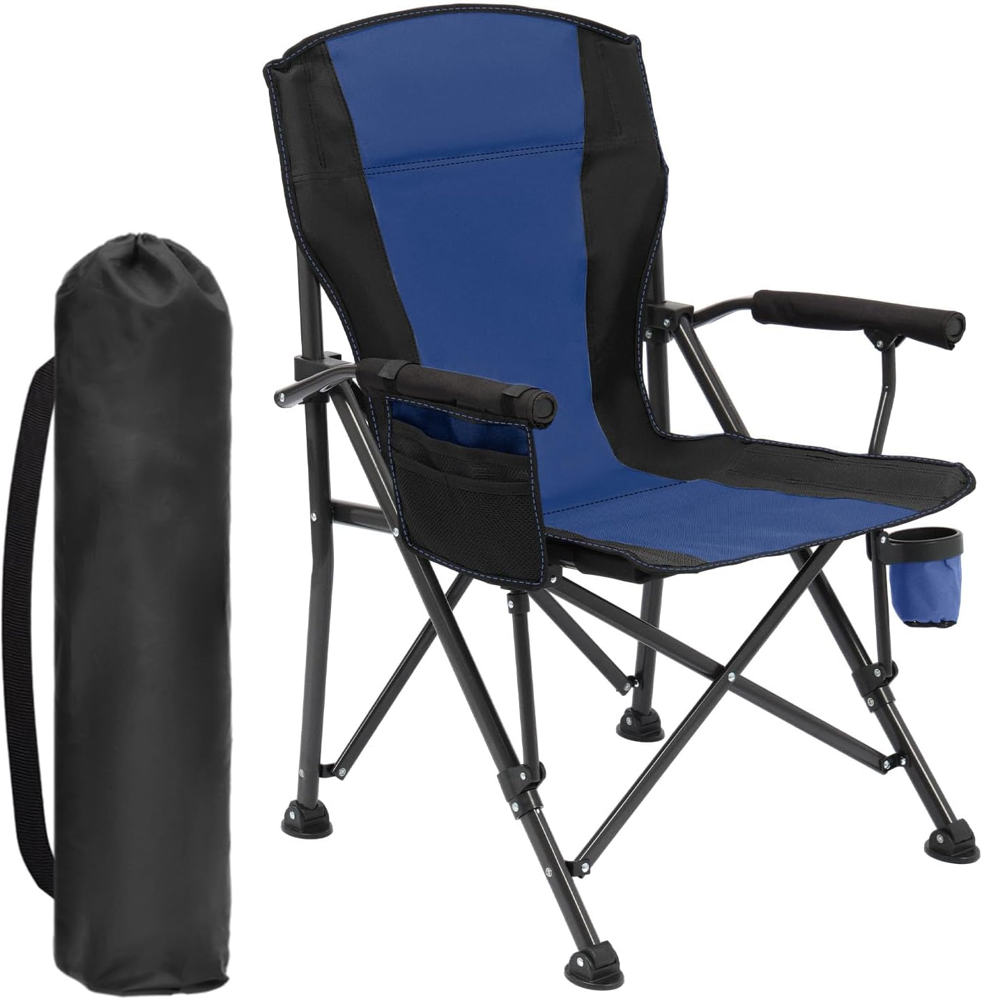 Oversized Folding Camping Chair for Adults, Supports 450 LBS Camping Chairs, Heavy Duty Camping Chair with Side Pockets, Foldable Outdoor Chair for Camping, Beach, Fishing, Hiking, Blue-Black