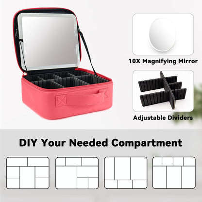 Travel Makeup Bag with LED Mirror and 10x magnifying glass with 3 Lighted Settings, Adjustable Dividers and Makeup Brush Storage Bag Light Red