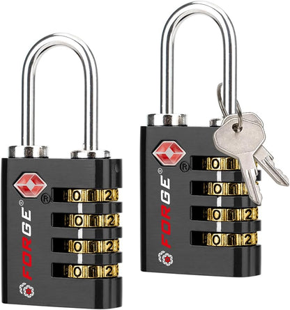 Forge Dual-Opening: Key or Combination Access Lock, TSA Approved Locks for Luggage, Pelican case, Travel, Gym, School, Stainless Steel Shackle. (Black 2 Pk)