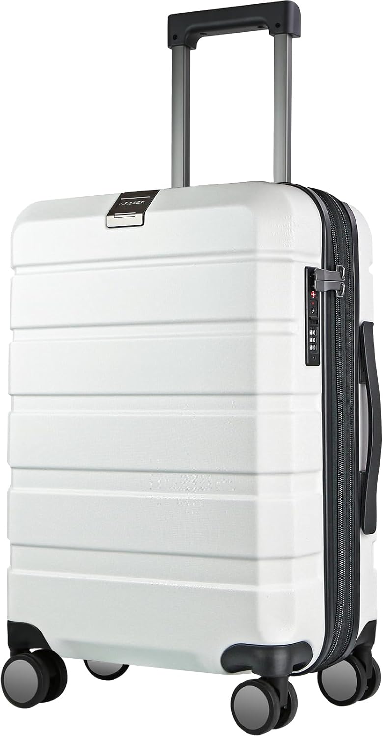 KROSER Hardside Expandable Carry On Luggage with Spinner Wheels & Built-in TSA Lock, Durable Suitcase Rolling Luggage with USB Port, Carry-On 20-Inch, White