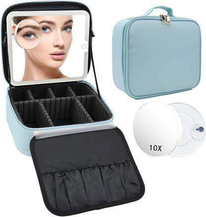 Travel Makeup Bag with LED Mirror and 10x magnifying glass with 3 Lighted Settings, Adjustable Dividers and Makeup Brush Storage Bag Light Blue