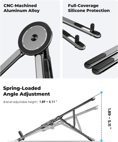 Viozon Portable Laptop Stand for Desk & Travel, Magnetic Phone Holder Tripod, Compatible with 10–16" Laptops and 4–13" Phones/Tablets, Compact Foldable Aluminum Alloy, 8-Level Height Adjustment