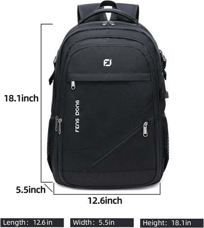 FENGDONG Durable Waterproof Travel Laptop Backpack 17.3 inch,Large College Backpack Bookbag for Men & Women Business Backpack with USB Charging Port and Headset Port Black