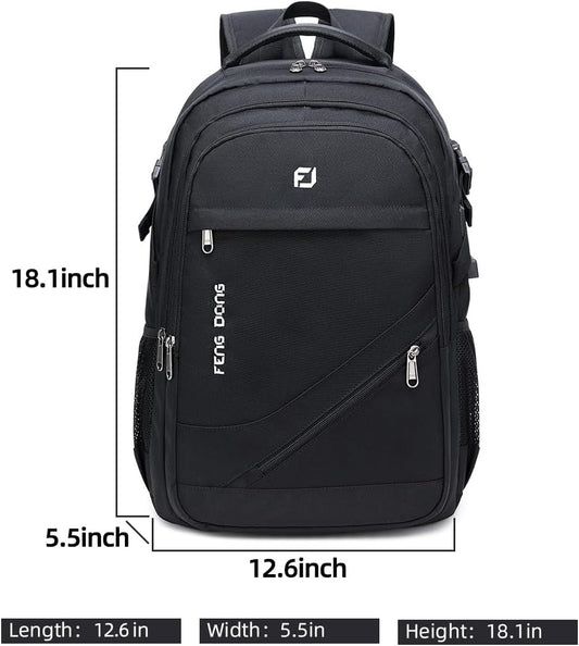 FENGDONG Durable Waterproof Travel Laptop Backpack 17.3 inch,Large College Backpack Bookbag for Men & Women Business Backpack with USB Charging Port and Headset Port Black