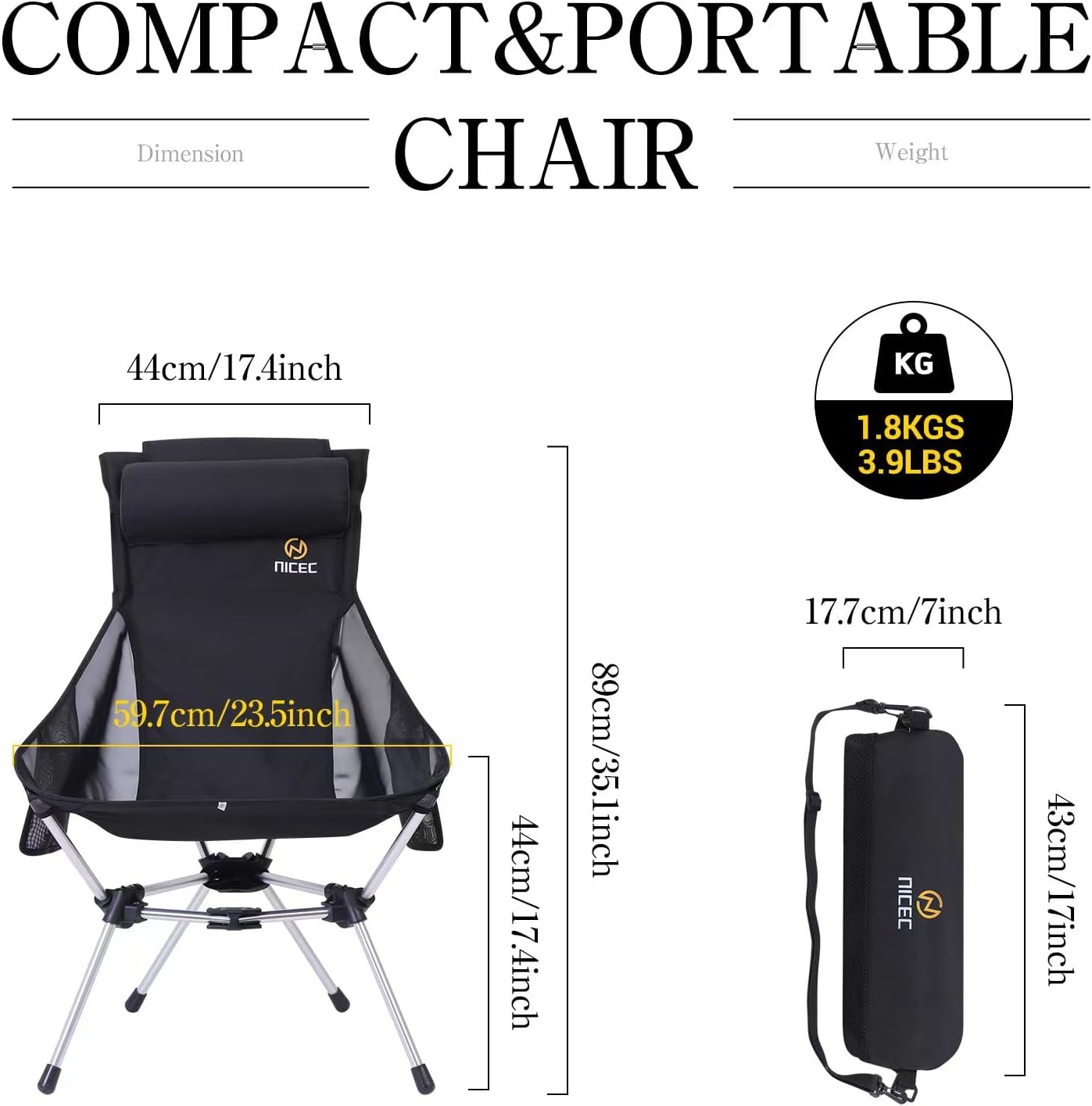 Nice C Ultralight High Back Folding Camping Chair, Backpacking Chair, Compact & Heavy Duty Outdoor, Travel, Picnic, Festival with 2 Side Pockets, Pillow &Carry Bag (Set of 2 Black)