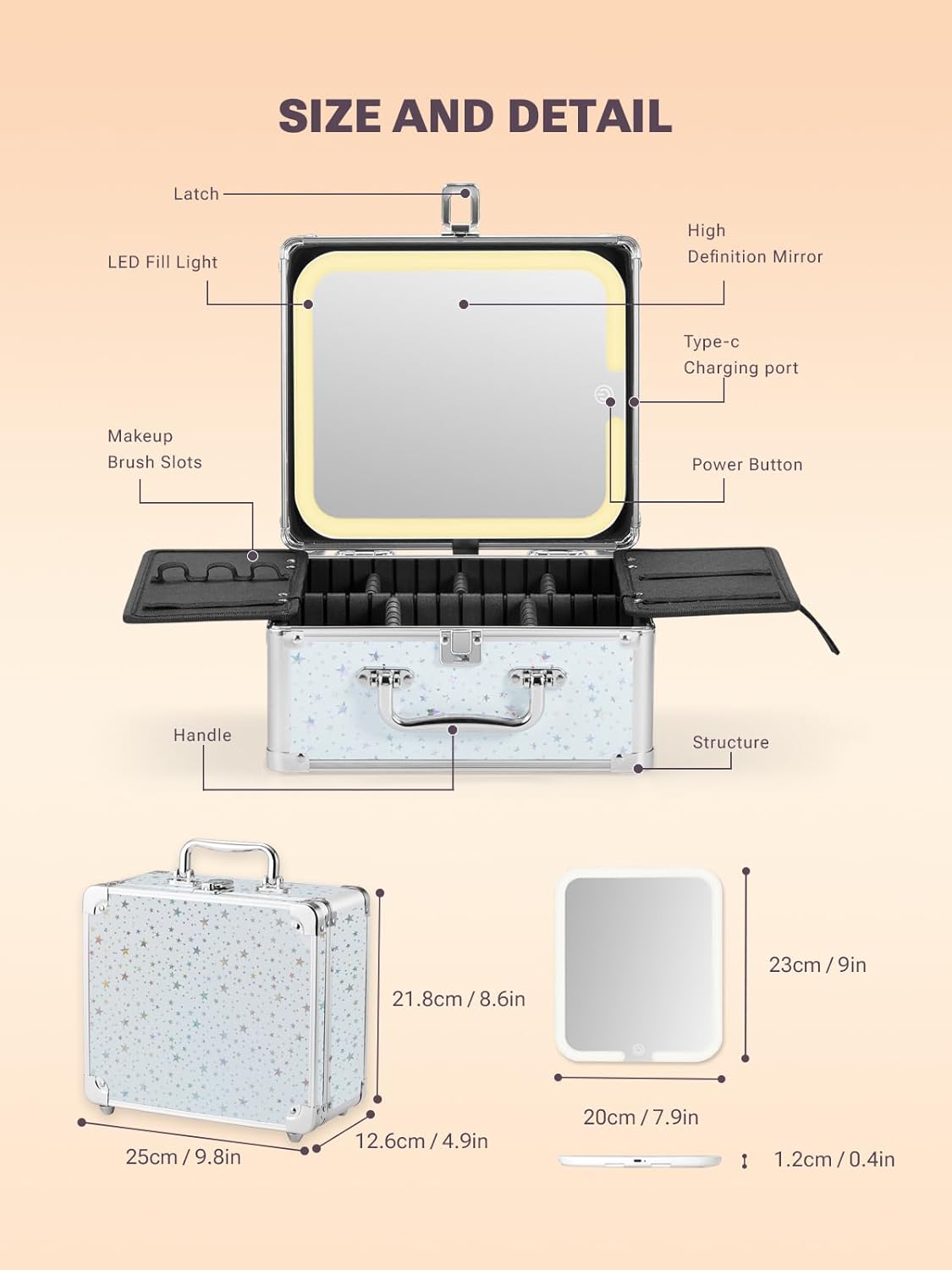 Qislee Makeup Box with A Detachable Lighted Mirror, Waterproof Travel Train Case, Cosmetic Organizer and Makeup Suitcase with Adjustable Dividers, Magnetic LED Mirror(Snow White)