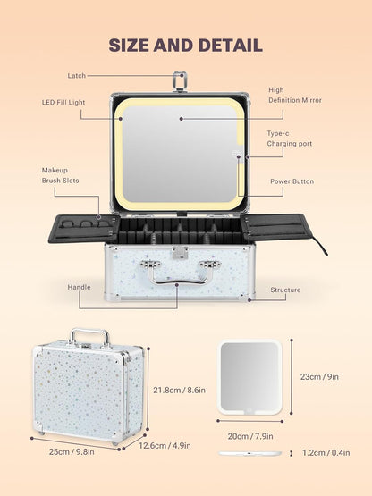 Qislee Makeup Box with A Detachable Lighted Mirror, Waterproof Travel Train Case, Cosmetic Organizer and Makeup Suitcase with Adjustable Dividers, Magnetic LED Mirror(Snow White)
