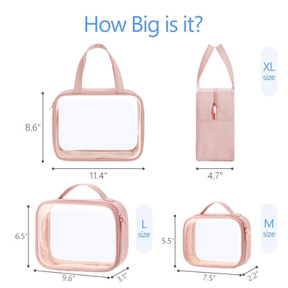 PACKISM Clear Toiletry Bags, 3 Pack Clear Makeup Bags with Handle Large Opening, Waterproof Cosmetic Bags Fit Carry-on Travel Essentials, Travel Bags, Pink
