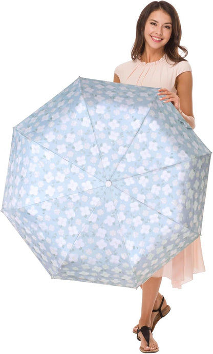 Cuby UV Sun Umbrella Compact Folding Travel Umbrella Auto Open and Close for Windproof, Rainproof & 99.9% UV Protection Parasol with Black Anti-UV Coating (Blue Jasmine)