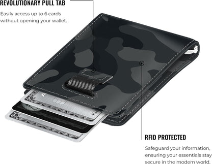 Kings Loot Money Clip Slim Minimalist Wallet for Men | RFID Blocking Leather Design with Money Clip | Front Pocket Bifold Holds 12 Cards | Stylish & Compact Wallets (Camo Black)