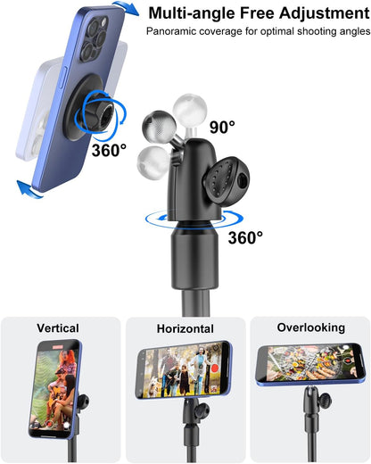 Magnetic Tripod for iPhone, 57" Monopod and Selfie Stick Tripod for Outdoor, Camping, Travel, Selfies, Video Recording, Compatible with MagSafe, for iPhone 16 15 14 and Android Phones