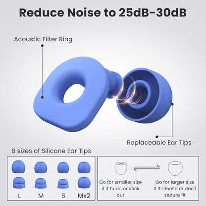 2 Pairs of Earplugs for Sleeping,Reusable Hearing Protection Earplugs with 8 Pairs Ear Tips & One Connector Cord,Soft Earplugs for Noise Reduction,Concert,Musician & Work - 25dB-30dB, Blue