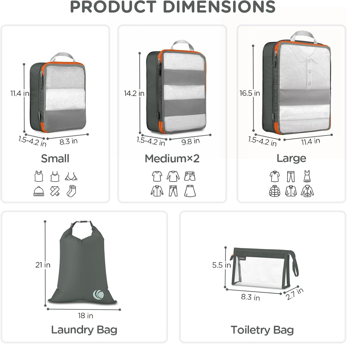 Cipway Compression Packing Cubes, See Through Mesh Luggage Organizer Bags, Travel Essentials for Carry on Suitcase with Laundry Bag and Clear Toiletries Bag（6Pcs,Grey）