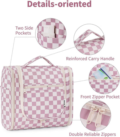 Narwey Checked Hanging Travel Toiletry Bag for Women, Travel Bag for Toiletries, Makeup Bag Organizer Cosmetic Bags Make Up Bags for Women (Dusty Rose Checkerboard)