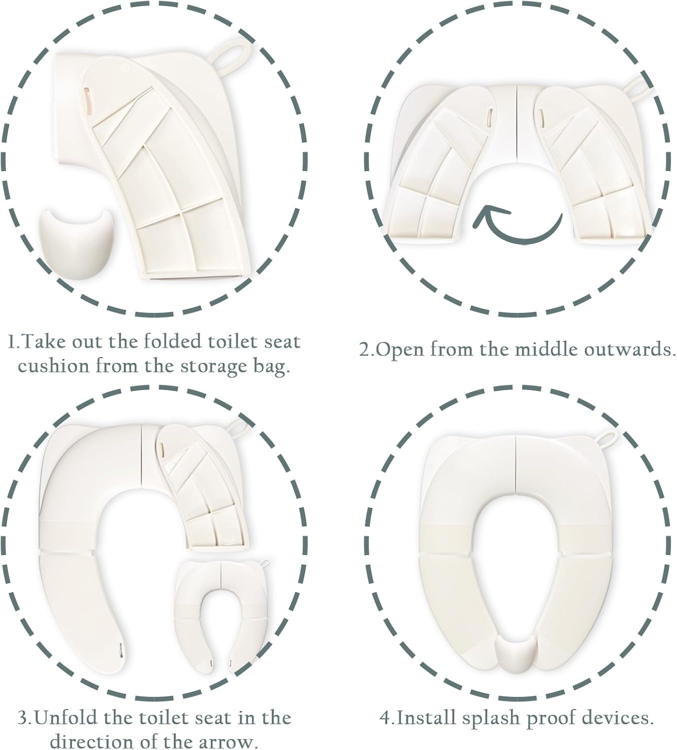 Kids Foldable Toilet Seat with Storage Bag - Training Urine Anti-Slip Toilet Seat Cover with Splash Guard for Children Toddlers, Portable & Travel-Friendly Easy Clean Universal Fit-White