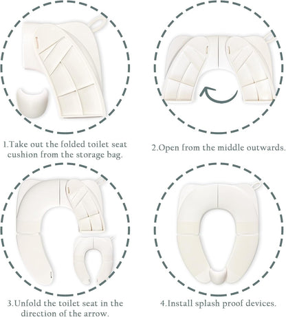 Kids Foldable Toilet Seat with Storage Bag - Training Urine Anti-Slip Toilet Seat Cover with Splash Guard for Children Toddlers, Portable & Travel-Friendly Easy Clean Universal Fit-White