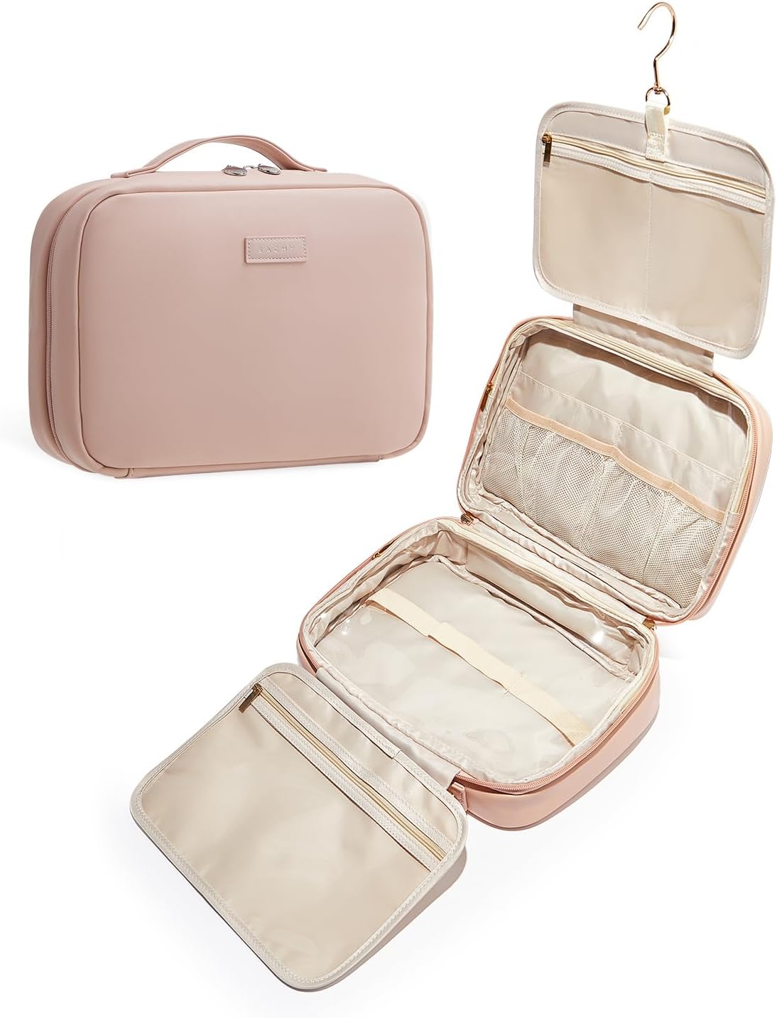 EACHY Travel Toiletry Bag with Hanging Hook, Portable Makeup Cosmetic Bags for Women, Water-Resistant Full-Size Travel Accessories (Pink)