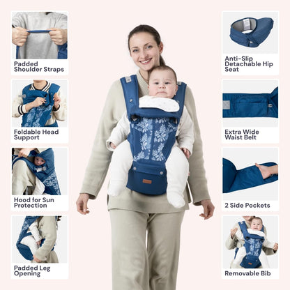 BabbleRoo Grow Carrier – 6-in-1 Baby Carrier with Hip Seat, Ergonomic, Cozy & Adjustable Toddler Carrier 7-50 lbs with Hip & Lumbar Support, Hood for Sun Protection, Newborn to Toddler, Denim Leaves