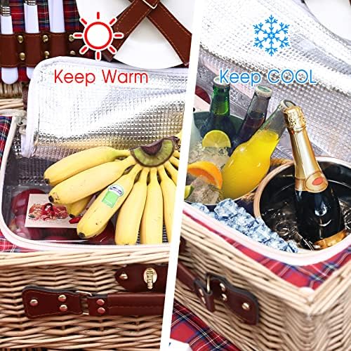 Wicker Picnic Basket for 4 with Waterproof Picnic Blanket