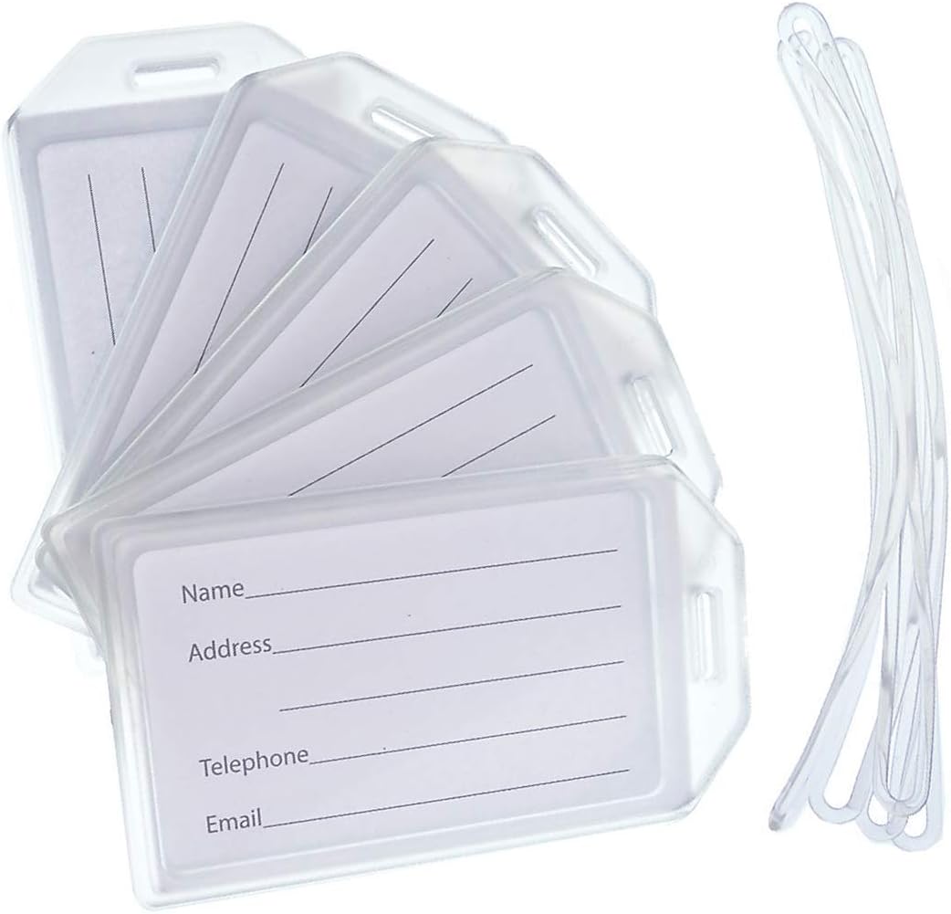 5 Pack - Premium Rigid Airline Luggage Tag Holders with 6" Worm Loops - Heavy Duty Hard Plastic -Suitcase ID Tag Identifiers with Business Card Insert Window by Specialist ID (Translucent/Clear)
