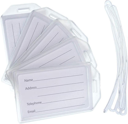 5 Pack - Premium Rigid Airline Luggage Tag Holders with 6" Worm Loops - Heavy Duty Hard Plastic -Suitcase ID Tag Identifiers with Business Card Insert Window by Specialist ID (Translucent/Clear)