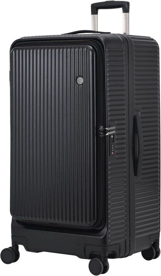 29 Inch Aluminum Checked Luggage with Side Opening Zipper, 40 * 37 * 77cm, 113L, Lightweight Hardshell ABS+PC Suitcase with TSA Lock, 360° Universal Wheels, Black