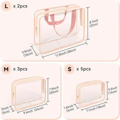 TISRATOK 10 PCS Clear Travel Makeup Toiletry Bag, Plastic PVC Cosmetic TSA Approved Organizer Kit with Zipper Handbag（Pink）
